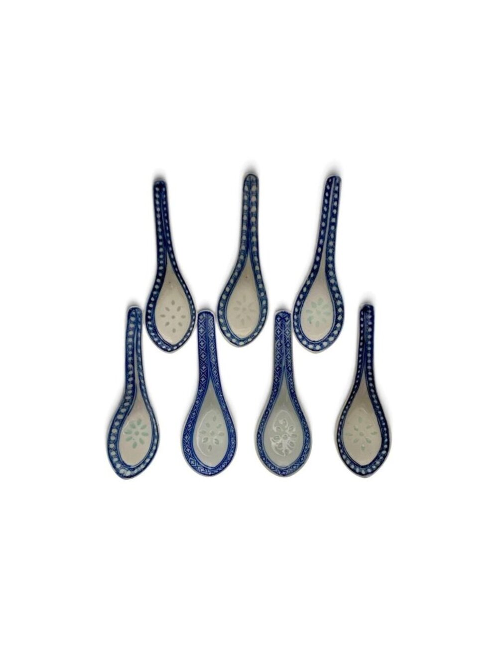 Soup Spoon Set of 7 Porcelain Rice Eye Translucent Design Vintage Chinese Decor